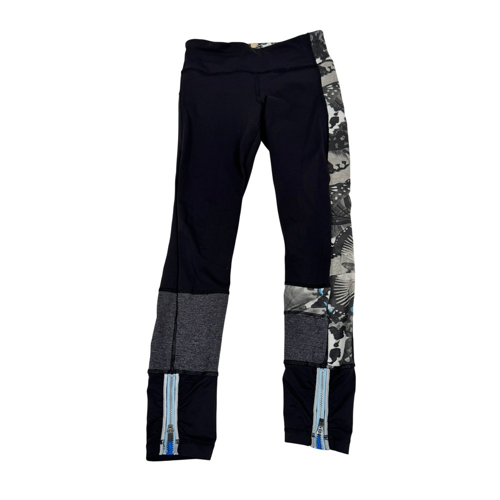 Lululemon Run Inspire Crop II Black Patchwork Butterfly Leggings Size 4 Zipper